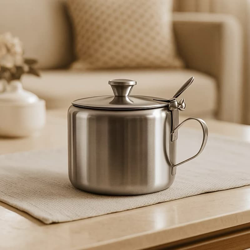 Açucareiro Inox com Colher – Design Moderno, Vidro Transparente, Mesa Posta