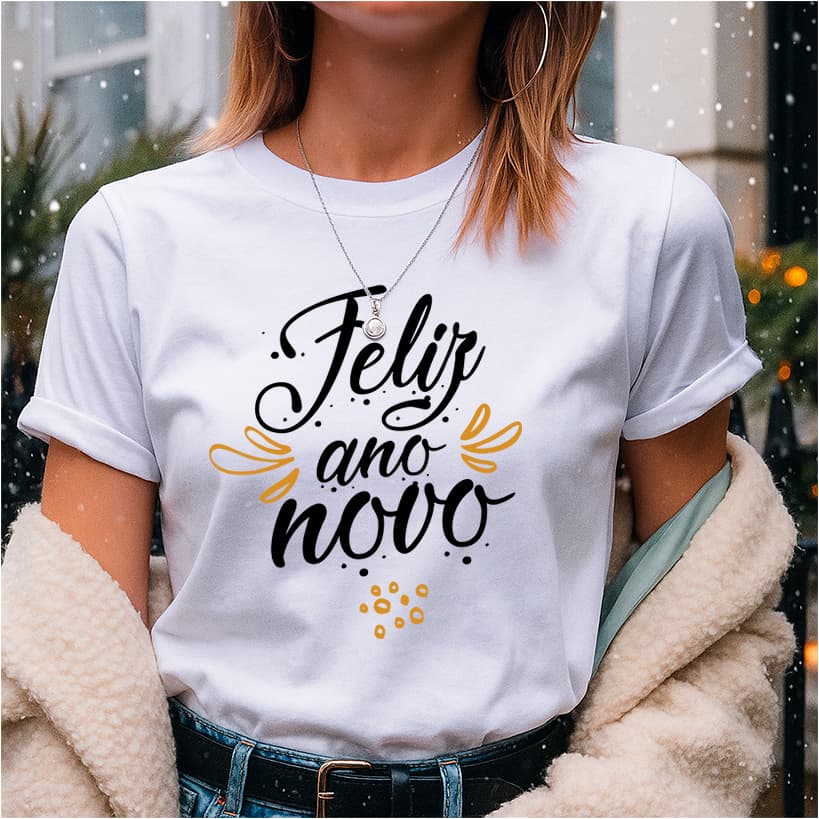 Camiseta para o Réveillon Unissex Estampa Feliz Ano Novo com Brilho V1 Comemoração da Virada do Ano