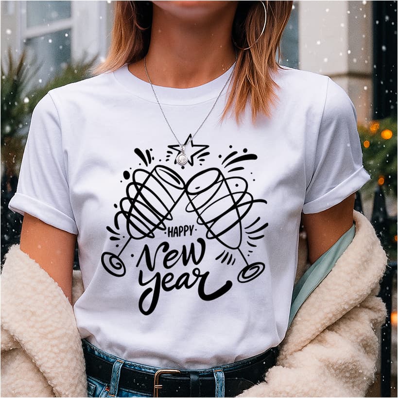 Camiseta para o Réveillon Unissex Estampa Happy New Year com Taças V2 Comemoração da Virada do Ano