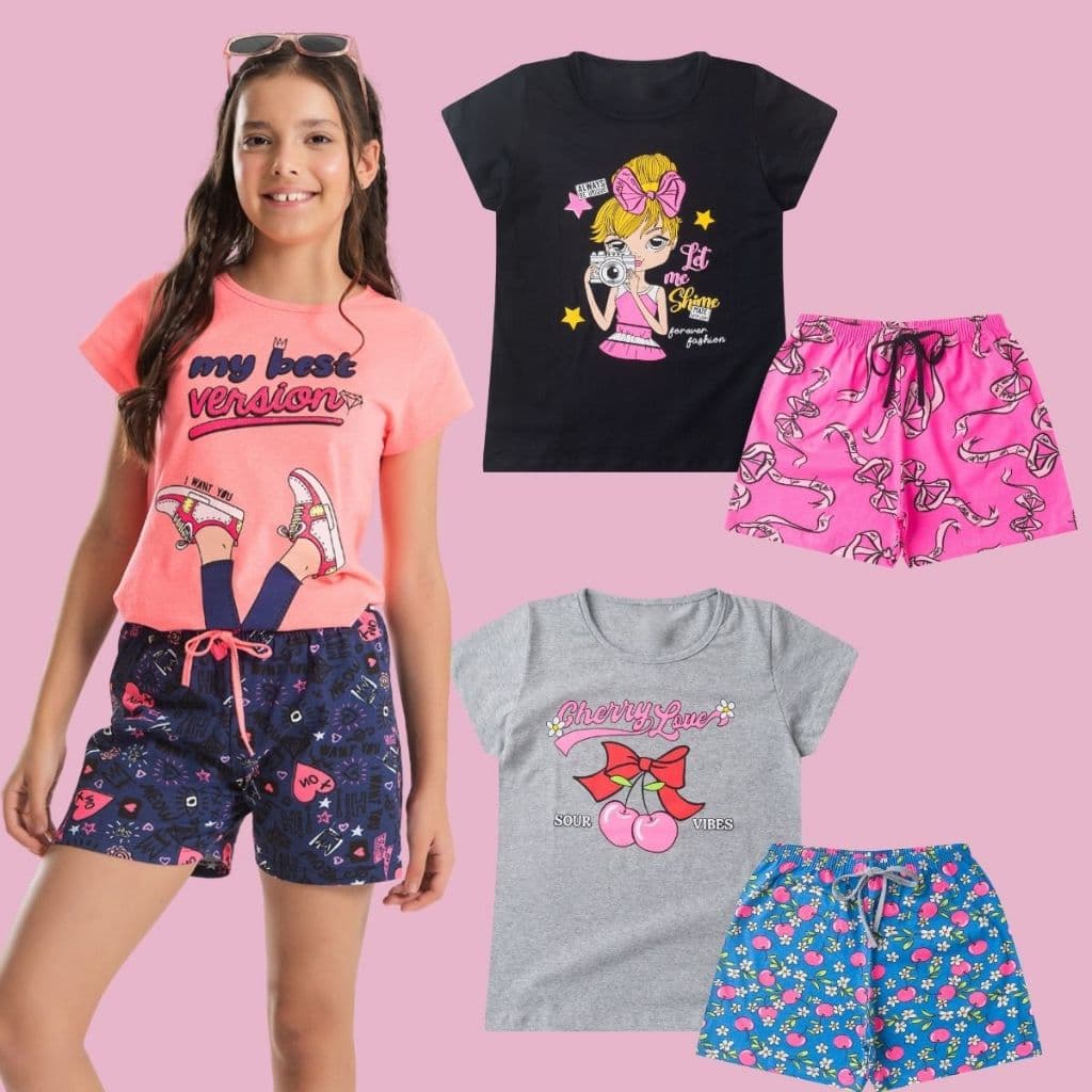 Kit 8 Peças Conjunto Infantil Juvenil Menina Verão Casual Shorts e Blusa Feminino Roupa 10 ao 16