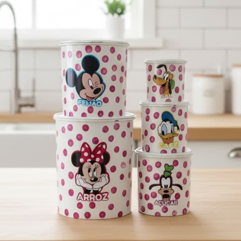 Kit 5 Pote Plástico Mantimento Hermético Organizadores de Cozinha Alimentos Redondo Mickey Minnie