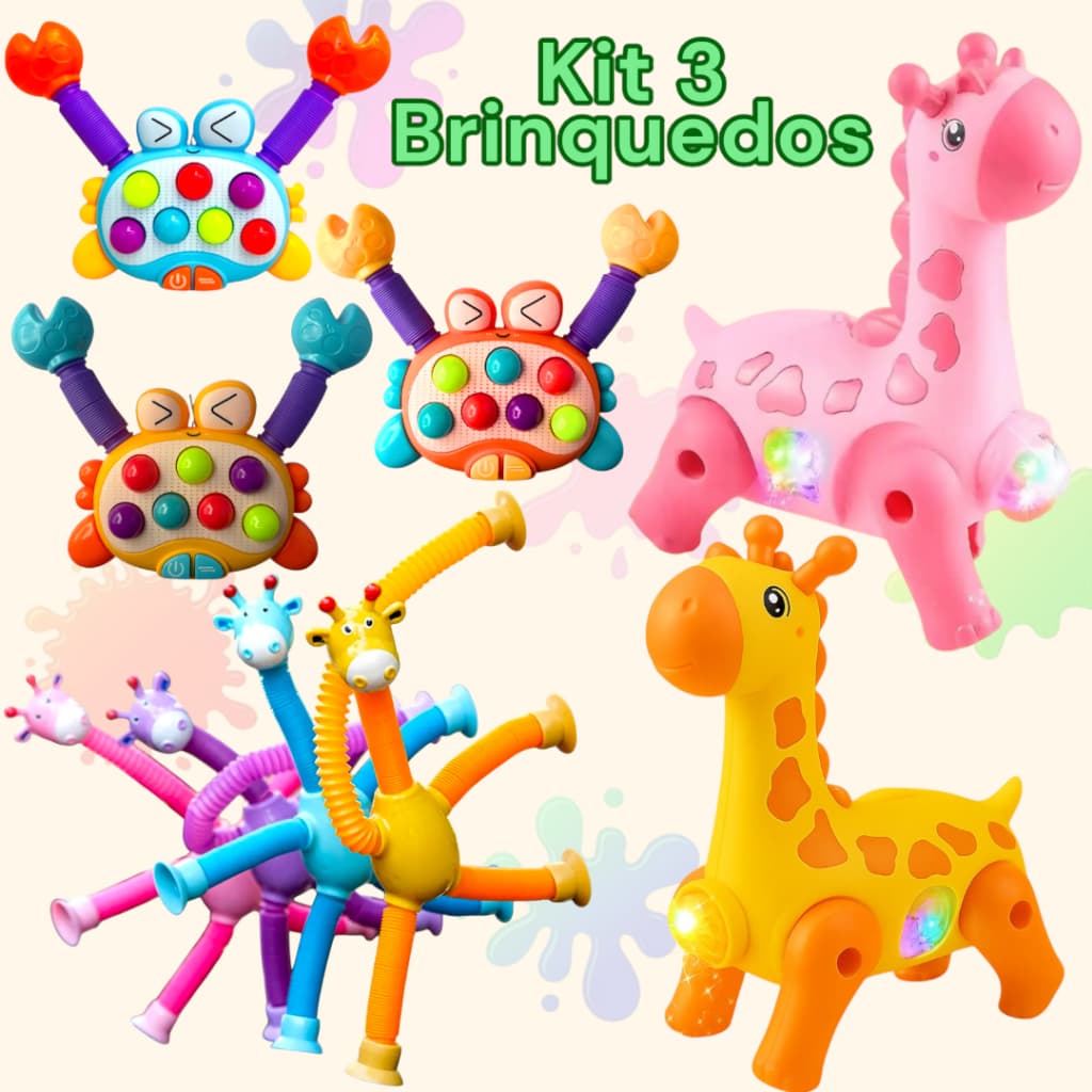Kit 3 Brinquedo Led Musical Estica Luz Girafa Caranguejo Didático Bebê Infantil