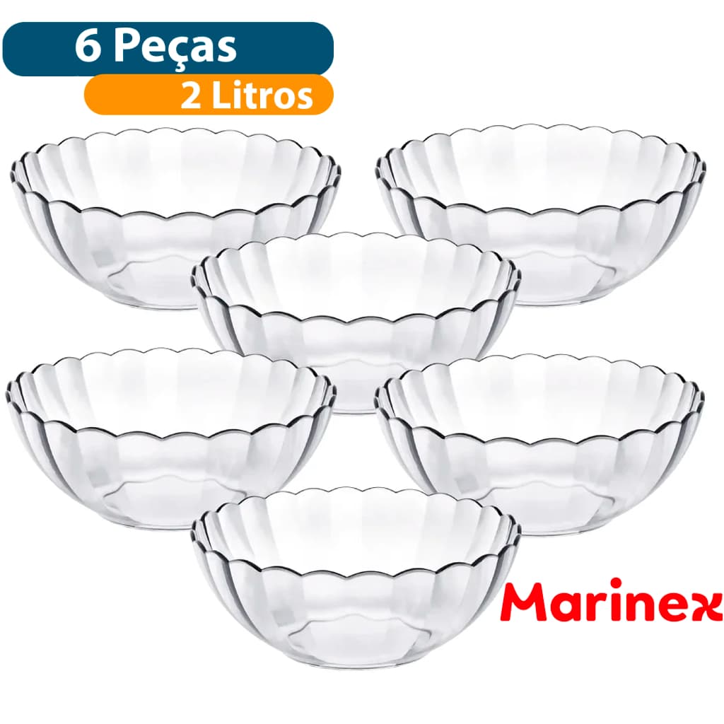 Kit 6 Saladeiras de Vidro Marinex 2L Bowl Tigela Bella Astral Refratária Grande Sobremesa Nadir
