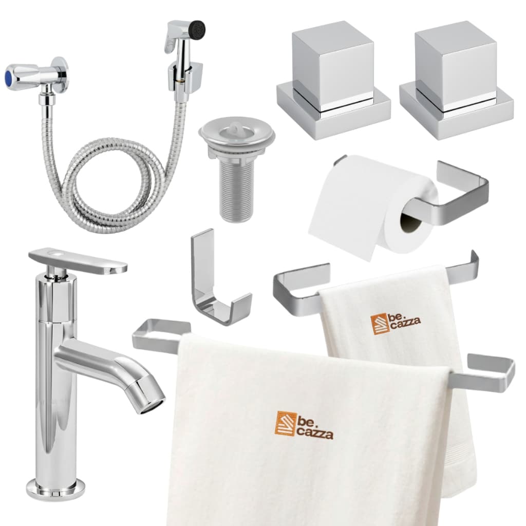 Kit Acessórios Banheiro / Lavabo Quadrado + 2 Acabamento Registro + Torneira + Valvula 7/8 + Ducha