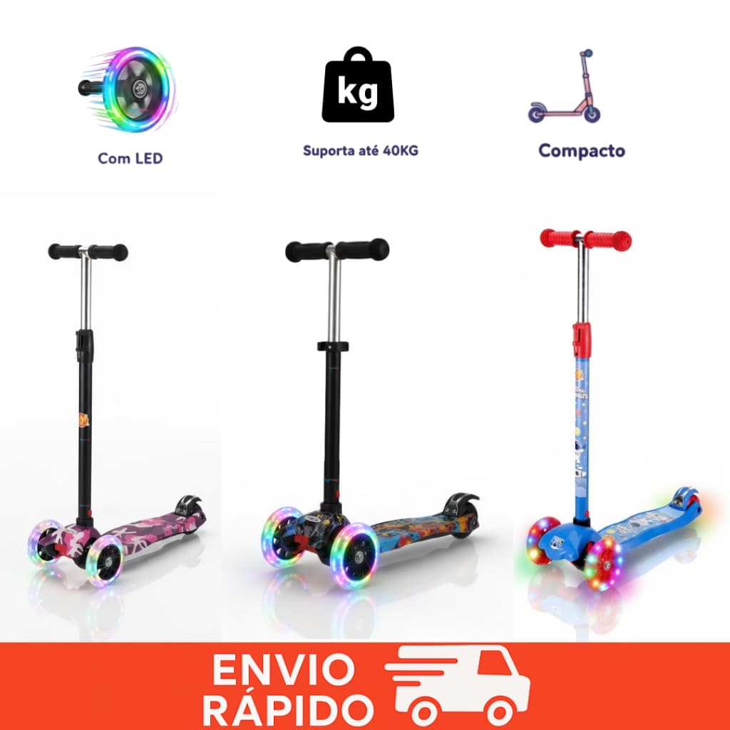 Patinete infantil 3 Rodas com Luz Led e Freio Ajustável até 50kg Menino Menina Criança