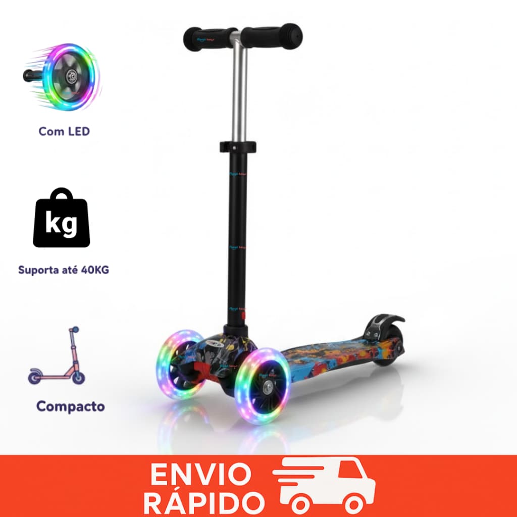 Patinete infantil 3 Rodas com Luz Led e Freio Ajustável até 40kg Menino Flash Preto Garoto