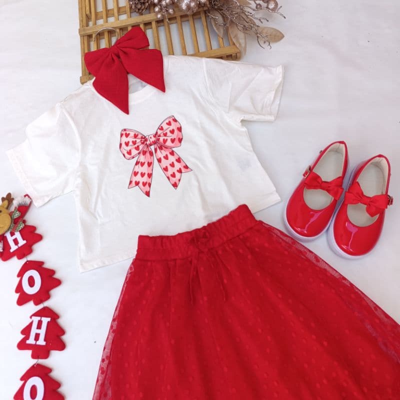 conjunto laço em tule/conjunto vermelho/conjunto menina/conjunto infantil