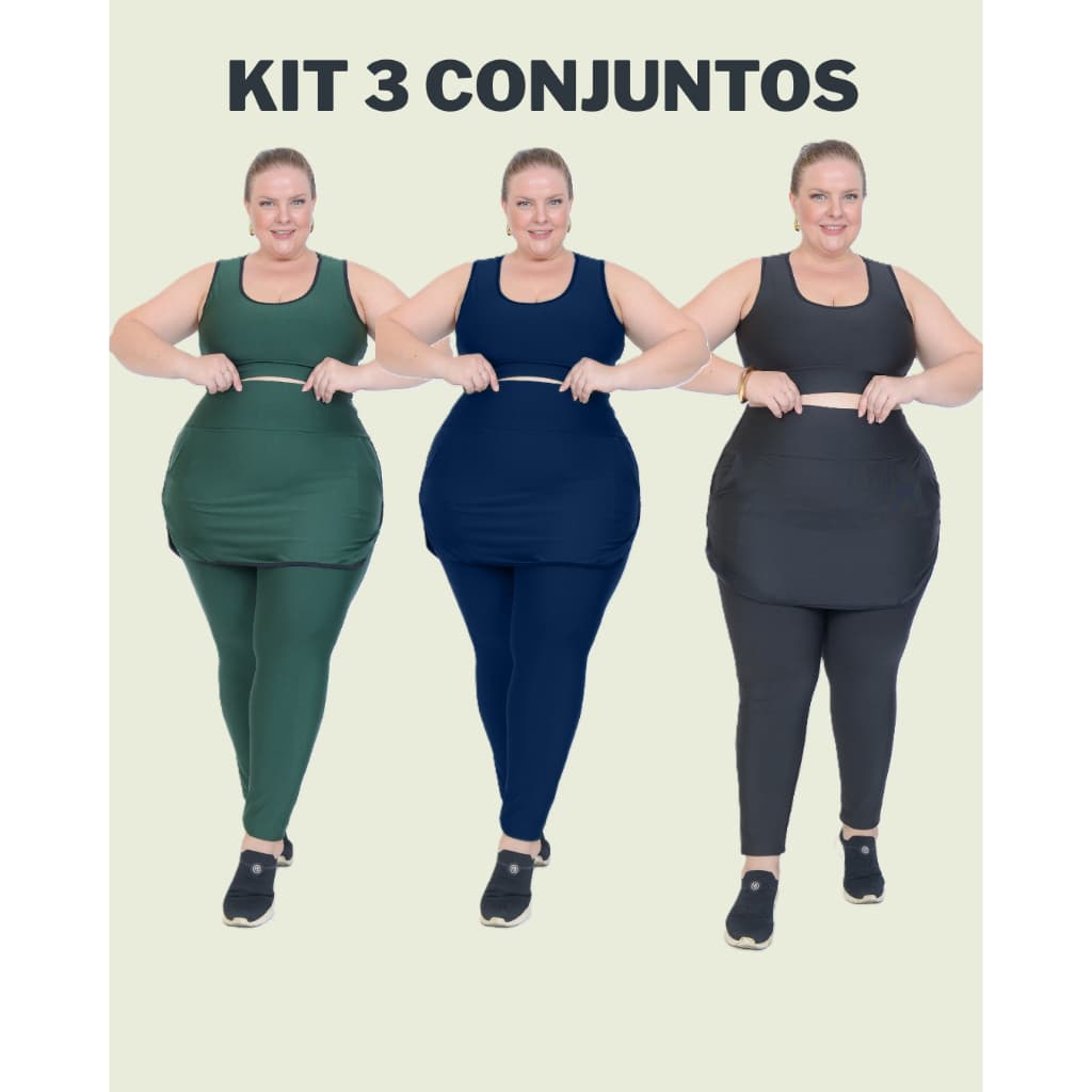 KIT 3 PEÇAS CONJUNTO PARA ACADEMIA PLUS SIZE MODA FITNESS TREINO SEM TRANSPARENCIA