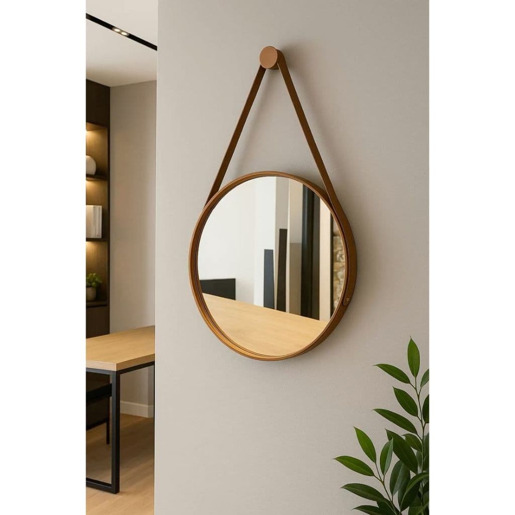 Espelho Redondo Adnet  50 cm Com Alça + Suporte e Pendurador Ideal Para Sala / Banheiro / Quarto