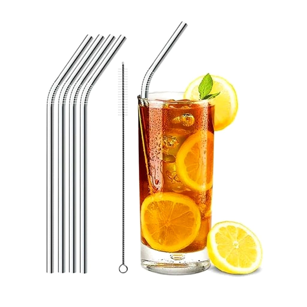 Kit 8 Canudos De Aço Inox Tipo Curvo + 2 Escova De Limpeza Reutilizável e Ecológico 100% Aço INOX