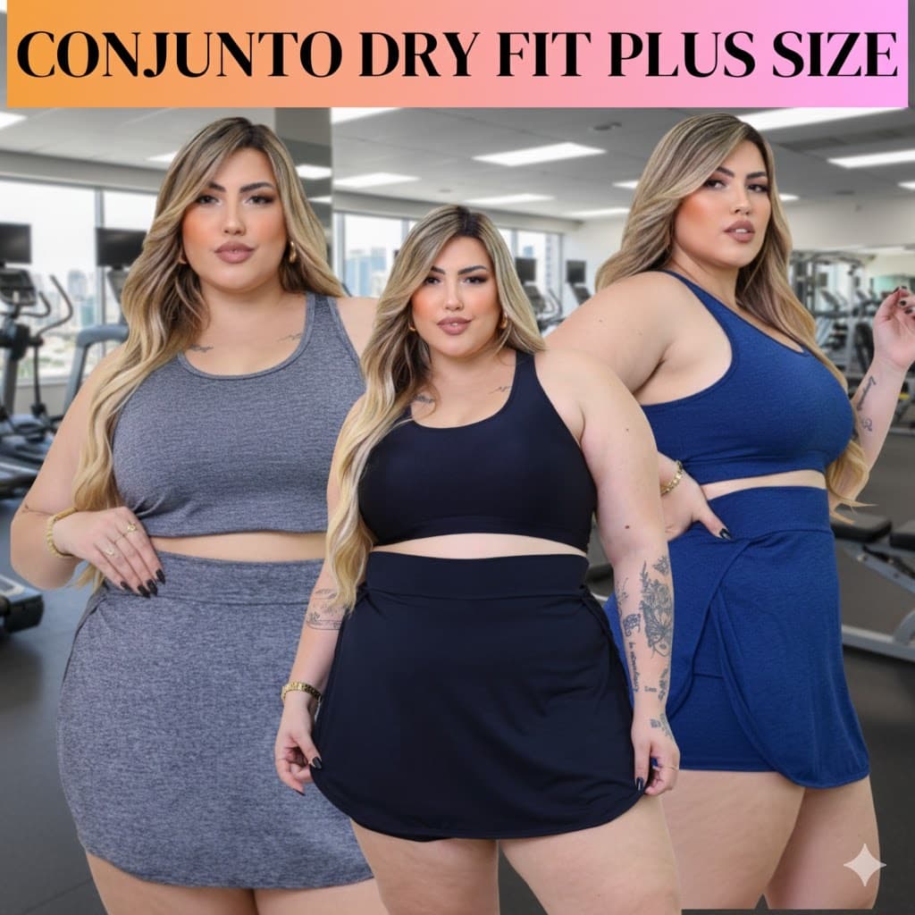 Conjunto Short Saia e Top Plus Size Dry Fit G1 G2 G3 Fitness Academia Zero Transparência Treino