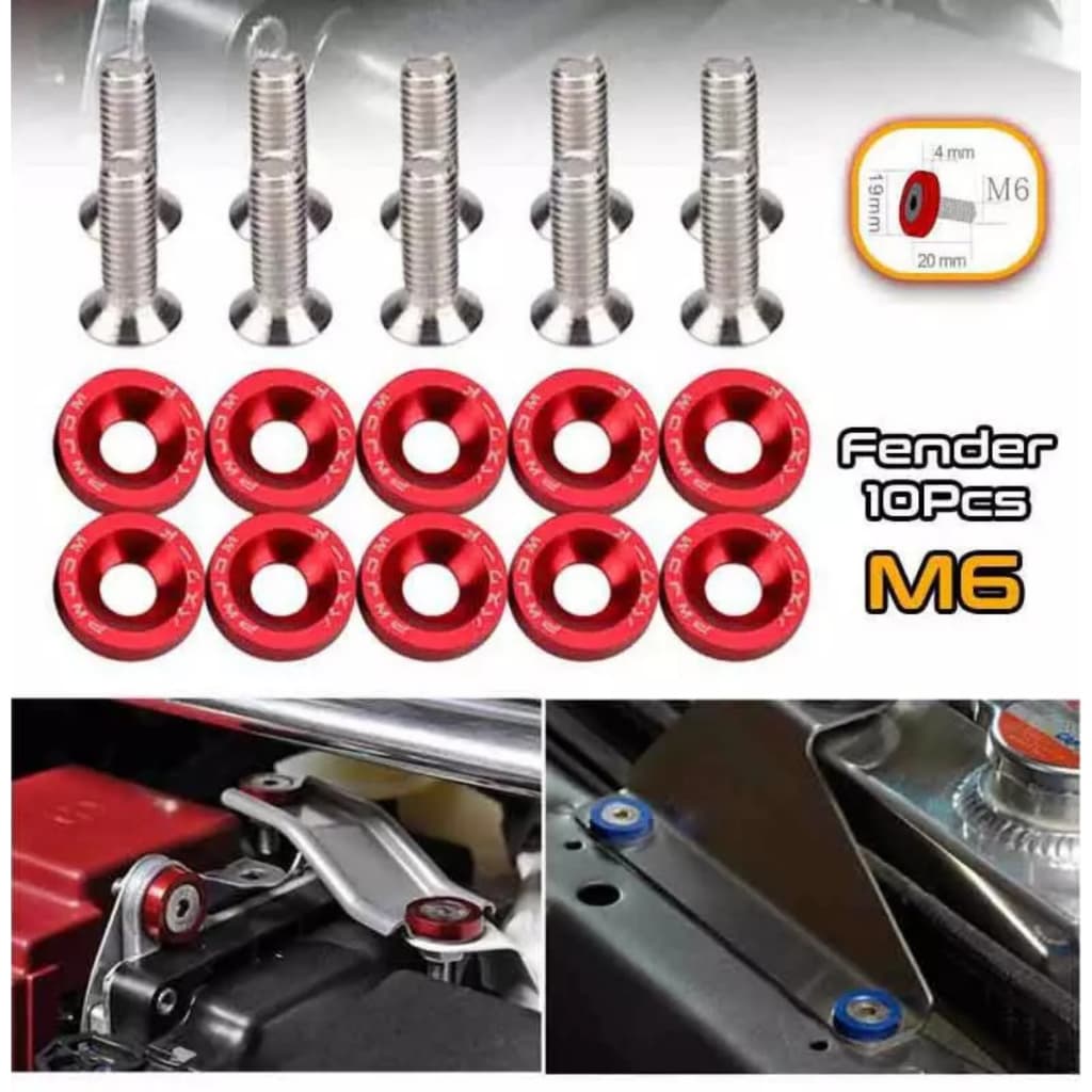 Fender 10Pcs M6 Fixadores Hexagonais JDM Modificados para Carro, Arruela de Choque e Parafusos Côncavos