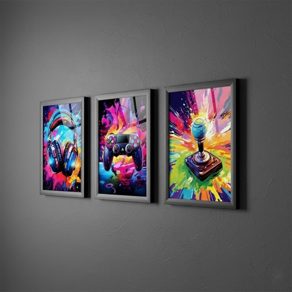 Kit 3 Quadros 18x24 Cm Quarto Gamer Fone Controle Neon