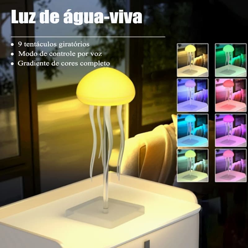 Luminária de Água Viva LED RGB Fio Base de Apoio Controle de Voz Luz Noturna Recarregável Tipo C