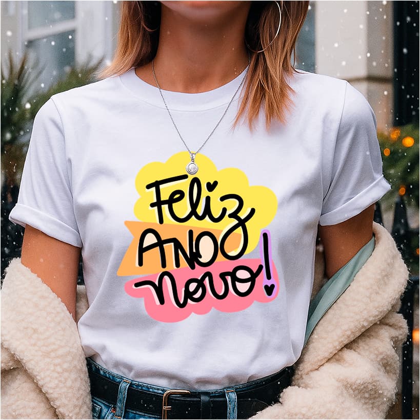 Camiseta para o Réveillon Unissex de Estampa Feliz Ano Novo Colorido V8 Comemoração da Virada do Ano