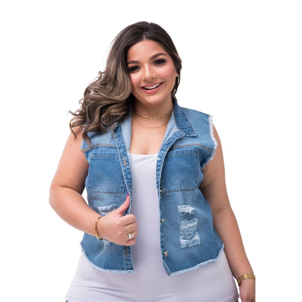 Colete Plus Size Jeans Feminino Curto Destroyer