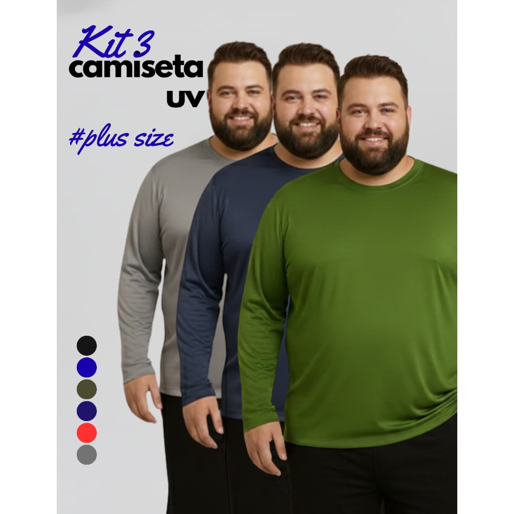 Kit 3 Camisa Proteção Solar Plus Size Unissex Segunda Pele UV 50+