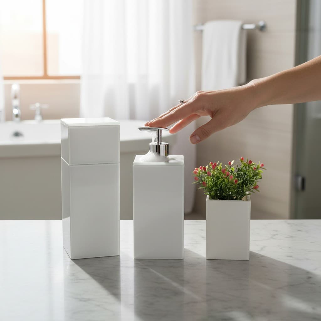 Kit Banheiro Lavabo 3 peças Porta Escova Com Tampa Saboneteira 500ML Porta Cotonete Algodão