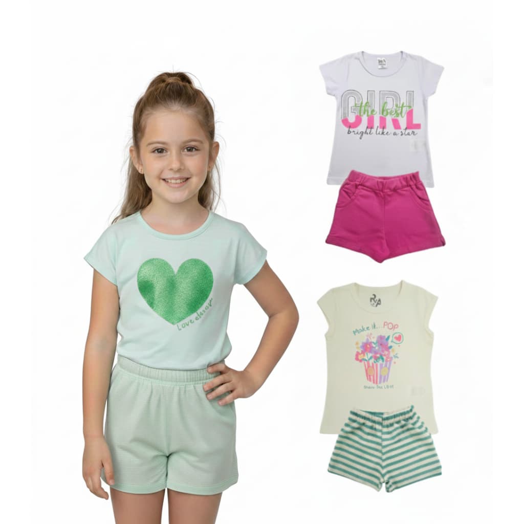 Conjunto 2 Peças Infantil Menina Blusa e Short Algodão Moda Casual Dia a Dia Verão Feminino