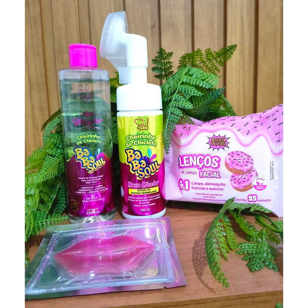 Mousse Micelar Soul Cosméticos+ Água Micelar + Lenço Facial e Mascara Labial Kiss