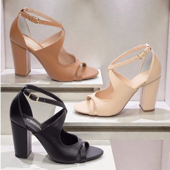 Sandália Feminina Salto Alto Grosso 9cm Elegante Festa Social Casual Confortável X Peito Pé Fechada Preta Bege Caramelo