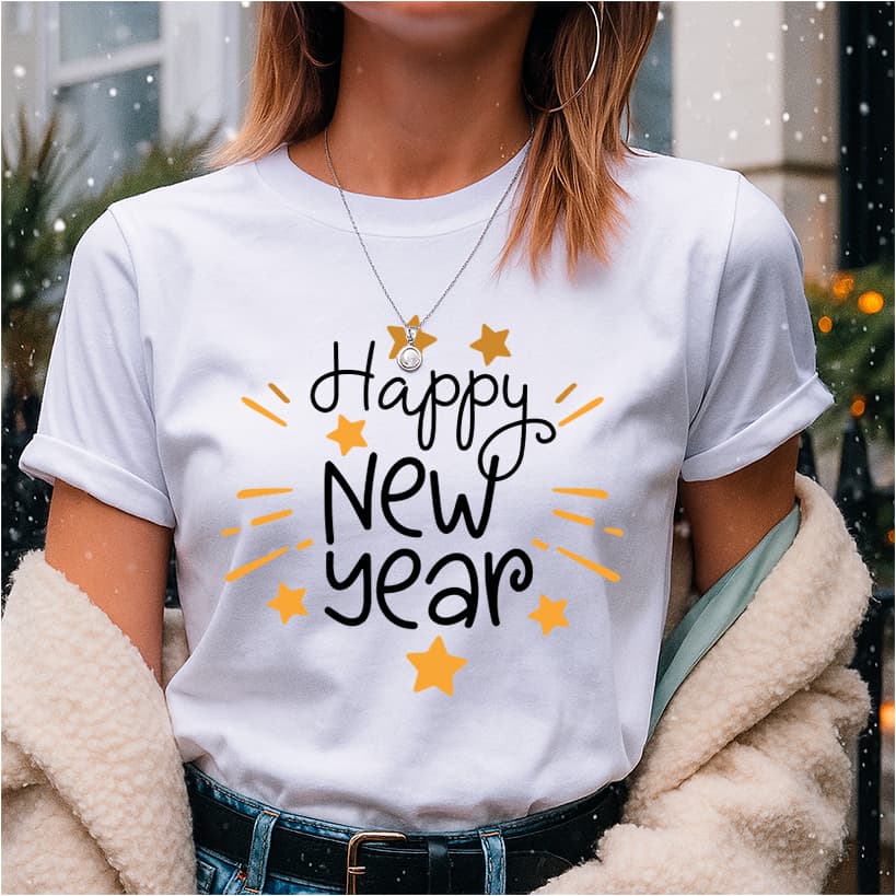 Camiseta para o Réveillon Unissex Happy New Year Estrelado V12 Para Comemoração da Virada do Ano