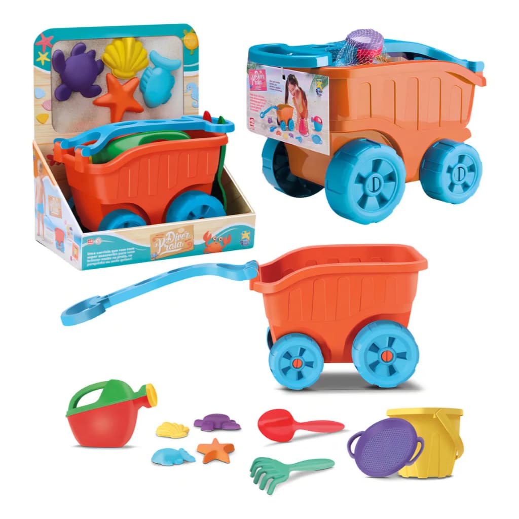 Carrinho de Praia Infantil com Balde, Regador, Pá, Rastelo e Forminhas – Divertoys