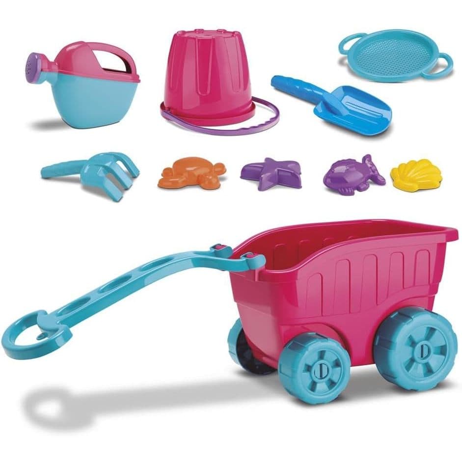 Baldinho de Praia Infantil com Carrinho, Regador, Pá, Rastelo e Forminhas – Pink