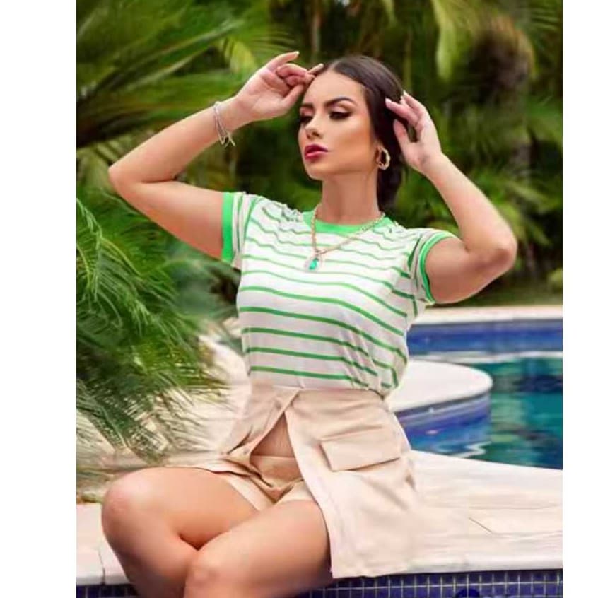 Blusa Camiseta Feminina Listras Leve Acabamento Algodão