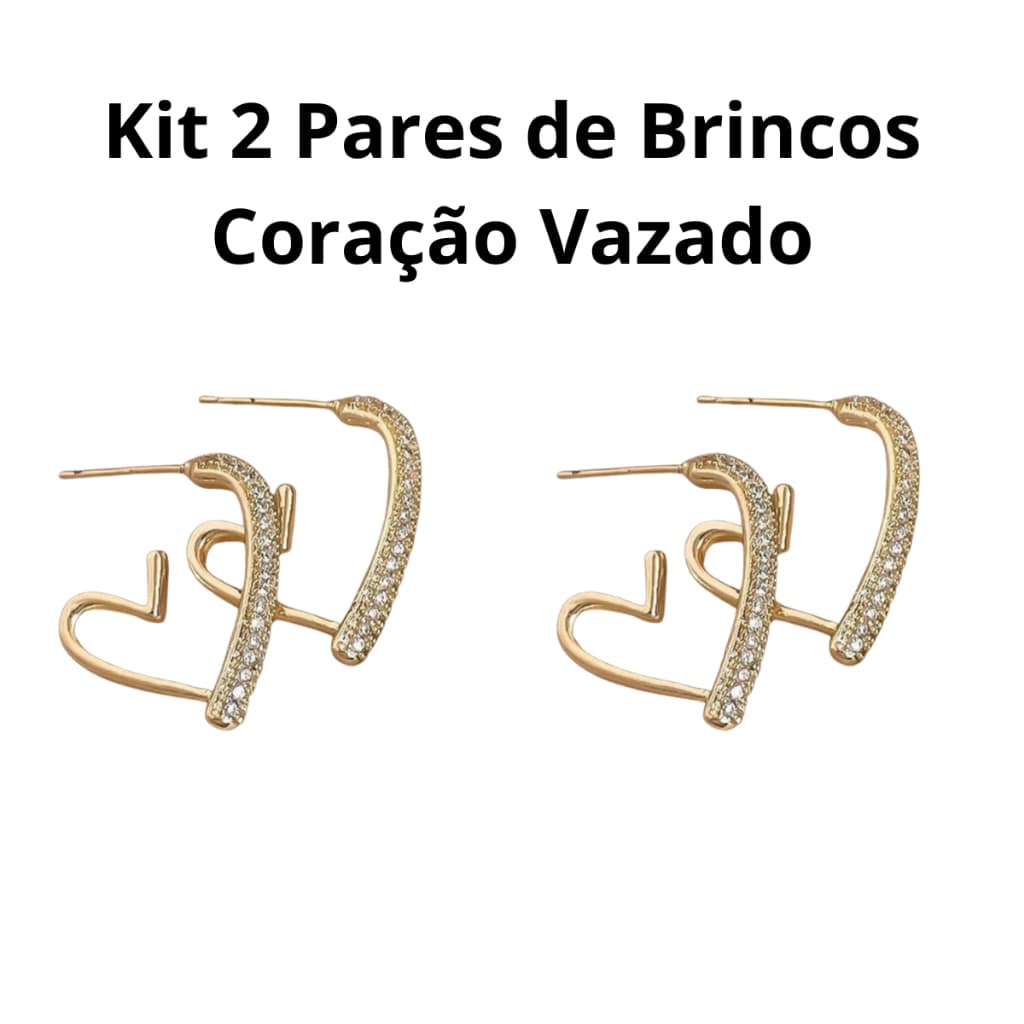 Kit 2 Pares Brincos Femininos Dourado Coração Vazado e Tira Cravejada Zircônia Luxo Tendência