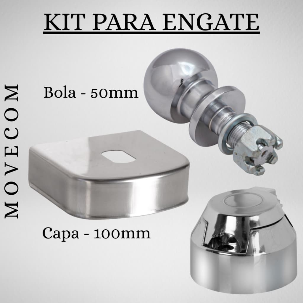 Kit Engate Reboque Cromado Bola 50 mm + Capa 100 mm + Tomada 6 / 7 Pólos Acabamento Inox