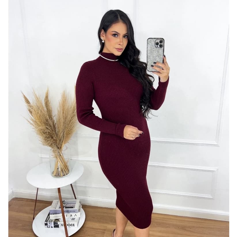 Vestido Midi Feminino Tricot Sofísticado Modal Canelado Manga Longa Gola Alta Clássico Moda Inverno