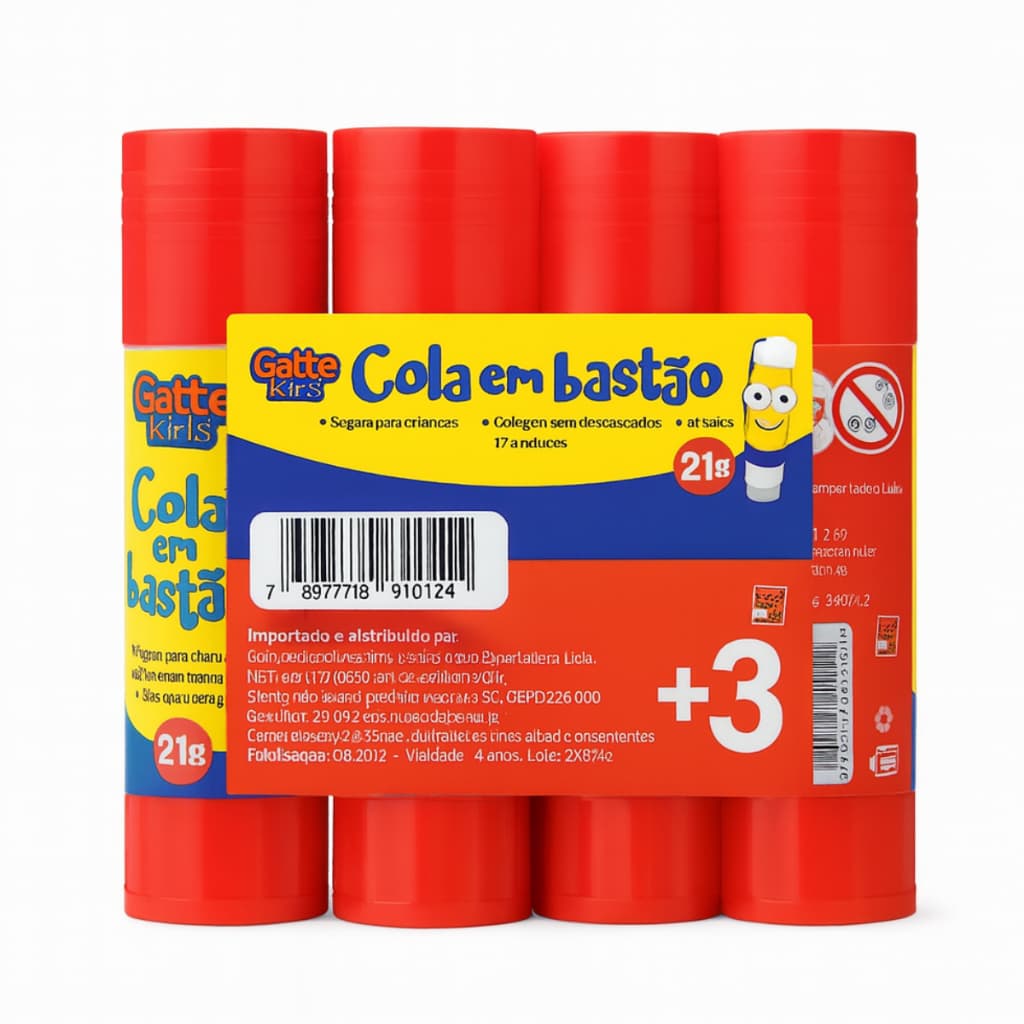 Cola em Bastão P.V.A Gatte Kids 21g, 40g — Pacote 6 Unidades e 12 Unidades, Atóxica