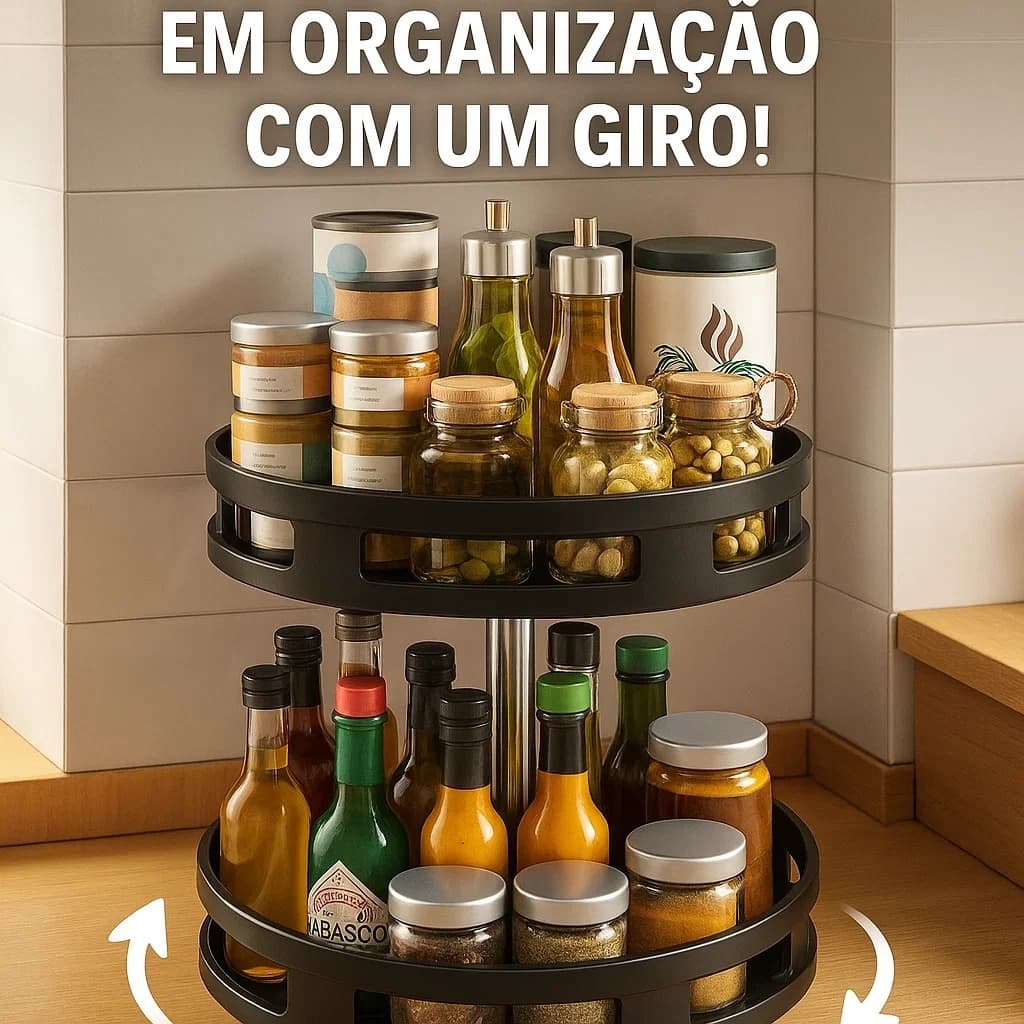 Organizador Prateleira de Mesa Fruteira Giratório 360 2 Andares Compacto Cozinha Tempero