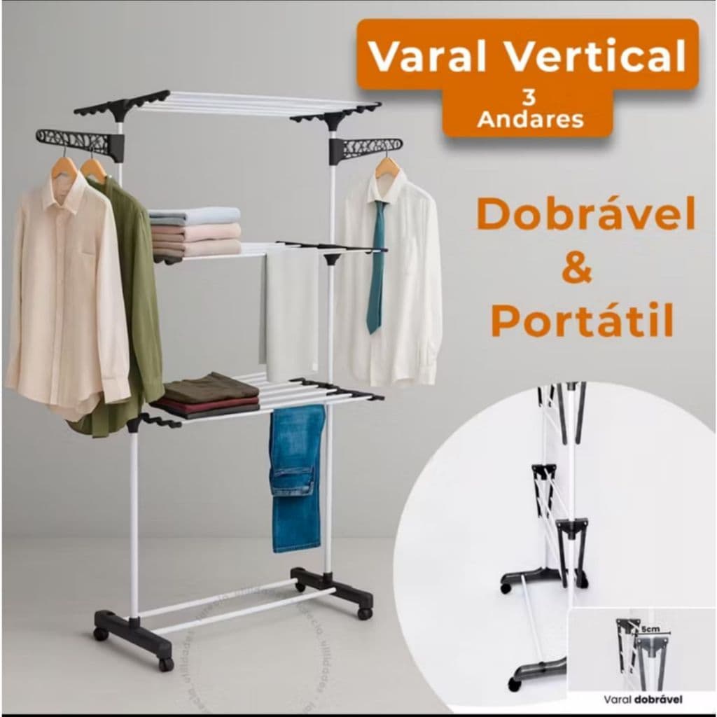 Varal Grande de Chão 3 Andares Grade Dobrável Rodinha Articulado Portátil Calcinha Grande Branco