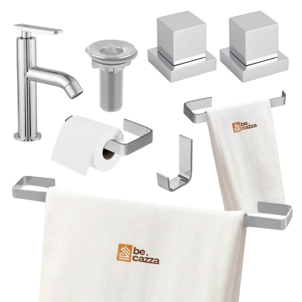 Kit Acessórios Banheiro/Lavabo Quadrado Cromado 4 Peças+2Acabamento Registro+Torneira Abs+Valvula7/8