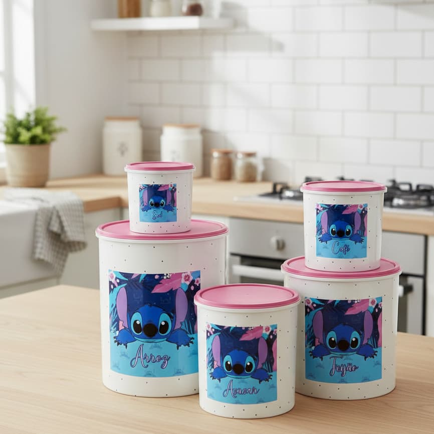 Organizador 5 Peças Redondo Personalizados Stitch Tropical Porta Mantimentos Cozinha