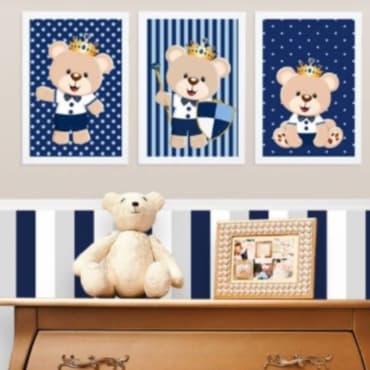 Quadro Decorativo kit 3 peça Sala Quarto Escritório Cozinha  20x30 Ursinho Príncipe Azul