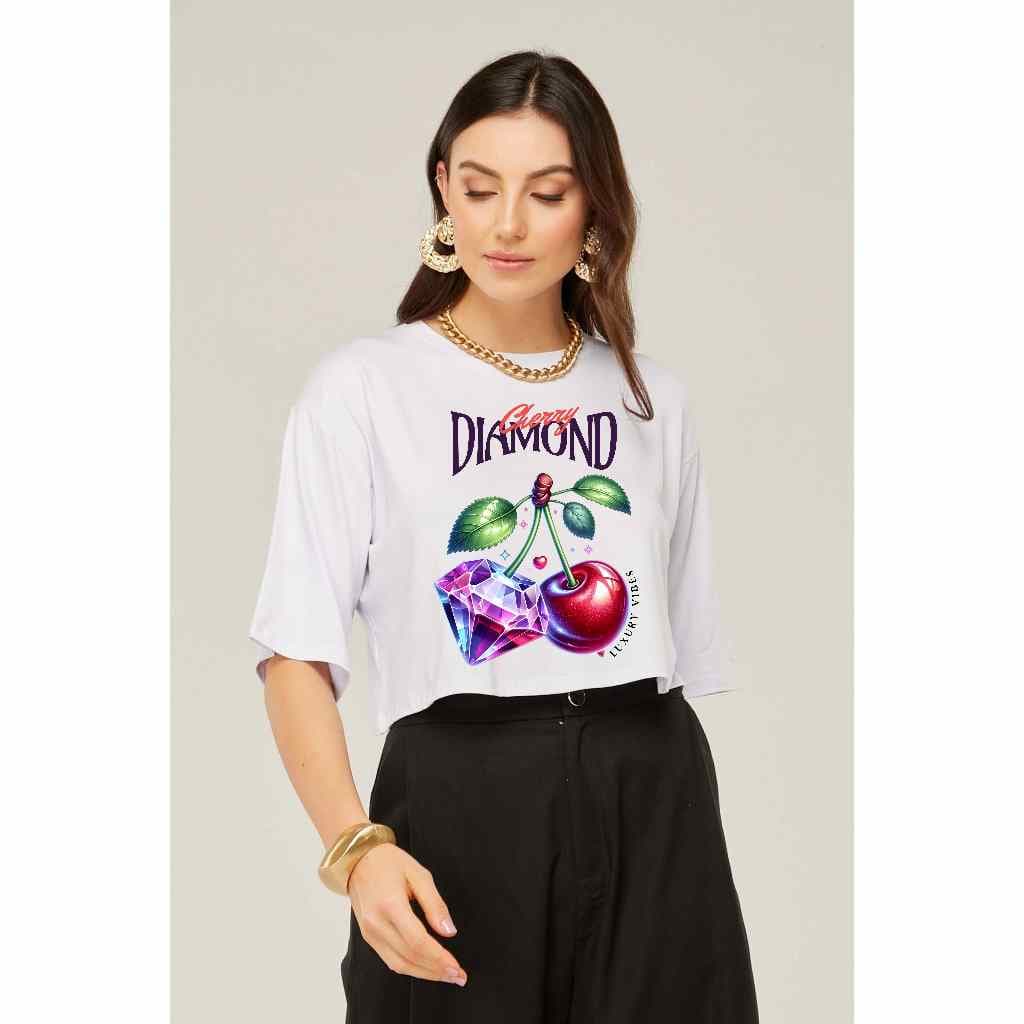Cropped Oversize Feminina Cherry Diamond - Viscolycra Premium - Maria Corina