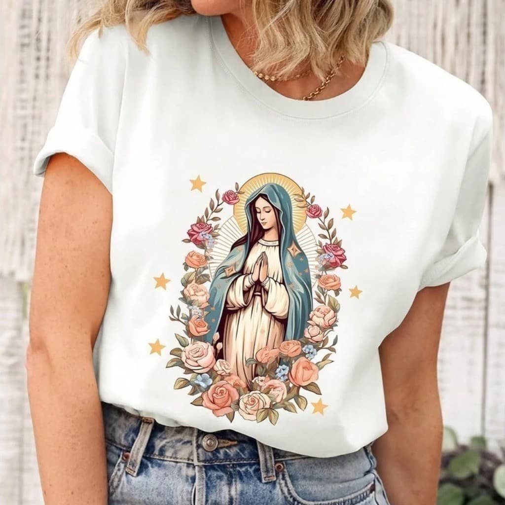 Camiseta Feminina Católica Virgem Maria Estampada T-Shirt 100% Algodão