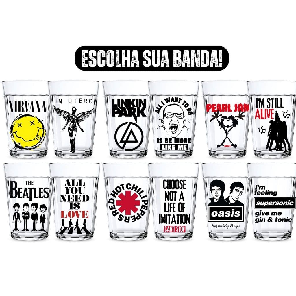 Jogo 2 Copos Americano Estampa Bandas Linkin Park The Beatles Oasis Red Hot Pearl Jam Nirvana