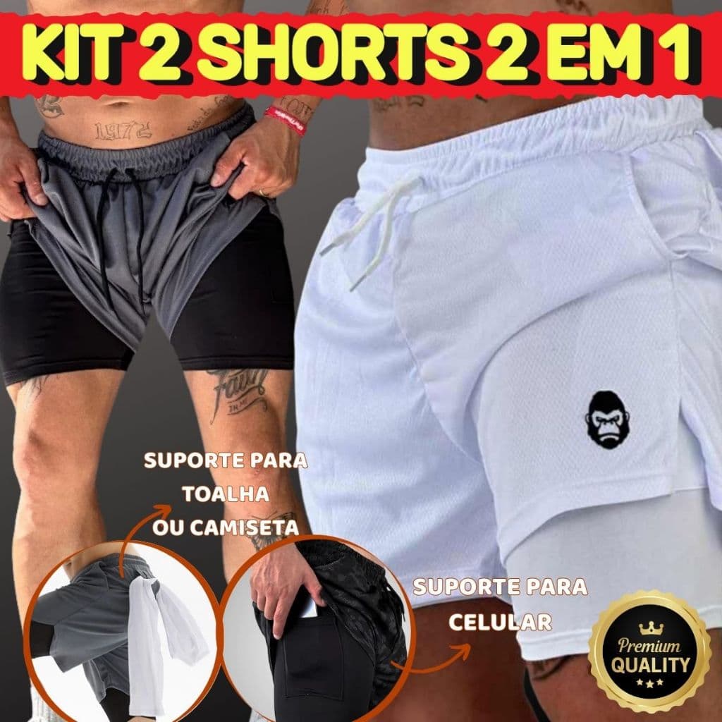 Kit 2 Bermudas Masculinas Academia Kong 2 em 1 Dupla Camada e Suporte para Celular