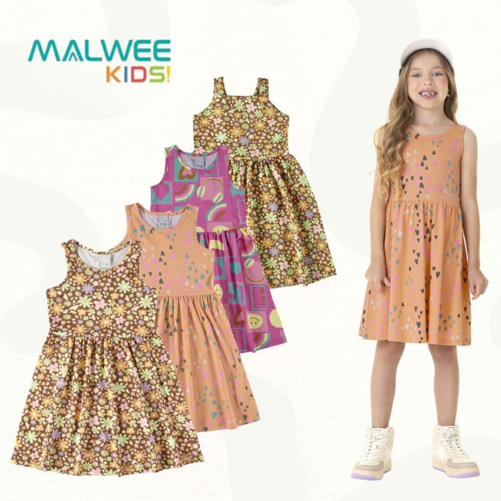 VESTIDO INFANTIL MENINA REGATA ESTAMPADO ALGODÃO PRIMAVERA VERÃO MALWEE KIDS