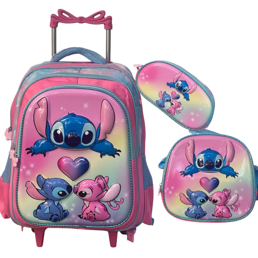 Mochila Stitch e Angel 3D COM E SEM RODINHAS + Lancheira Térmica + Estojo Feminino