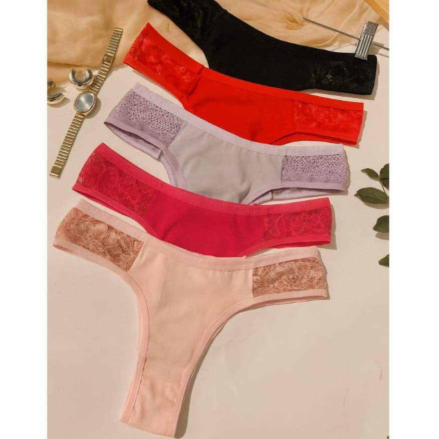 Kit 5 Calcinhas 100% Algodão com Renda Conforto Anti Alérgico Não Marca Cotton Moda Íntima Femininas