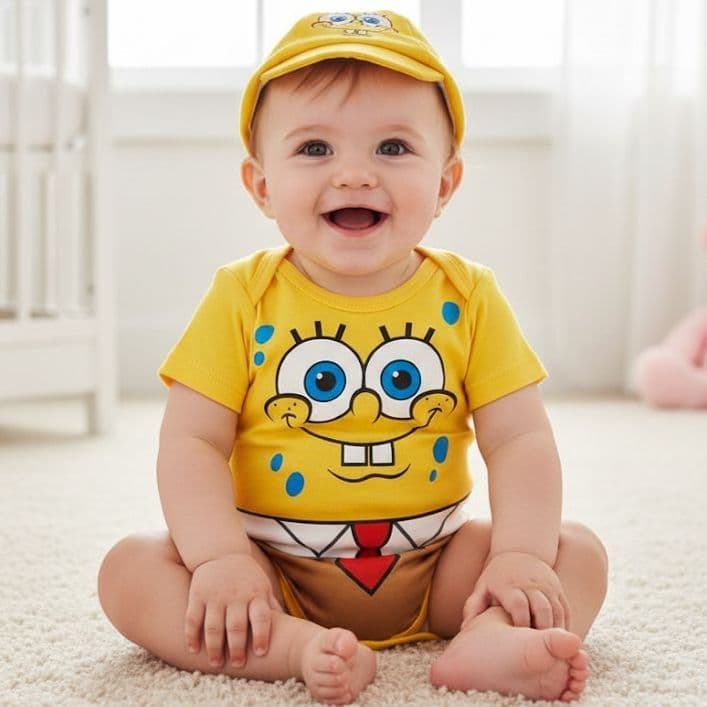 Conjunto Body Bebê Bob Esponja + Boina Temática Menino Mesversário Fantasia