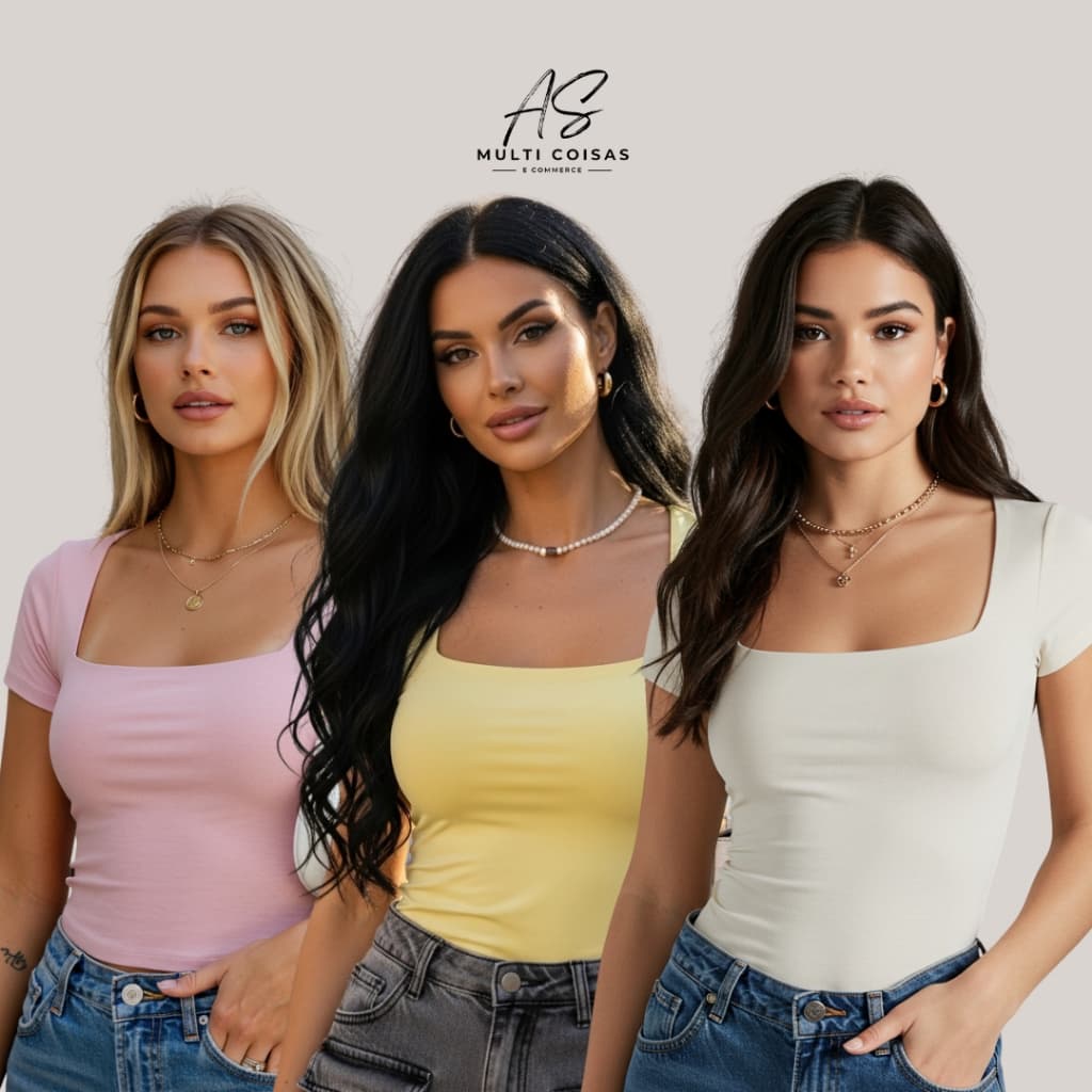 Kit 3 Blusinha Baby Look - Manga Curta Casual Básica Lisa Moderno Blogueirinha Influencer