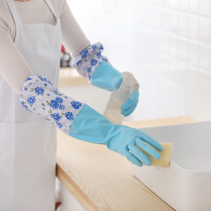 Luva de Limpeza Doméstica Impermeável Cano Longo com Manga Protetora para Cozinha Lavar Louça Roupas e Limpeza