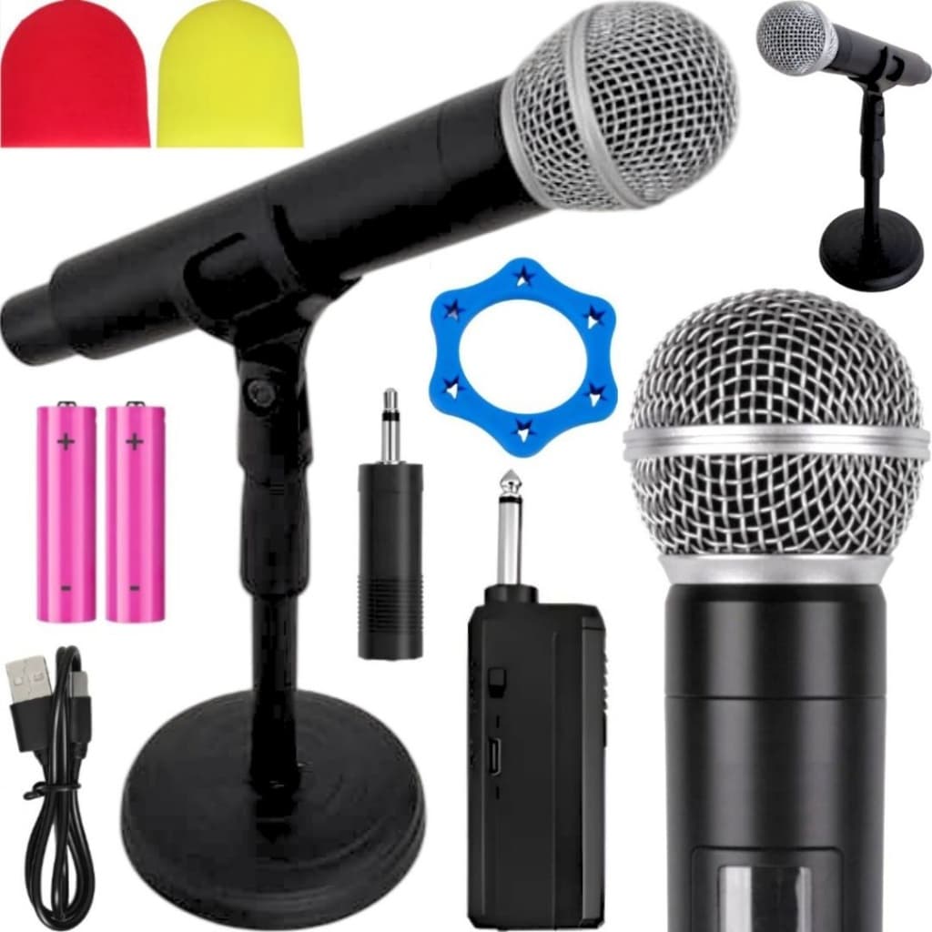 Kit microfone dinâmico sem fio profissional recarregável + suporte pedestal para mesa