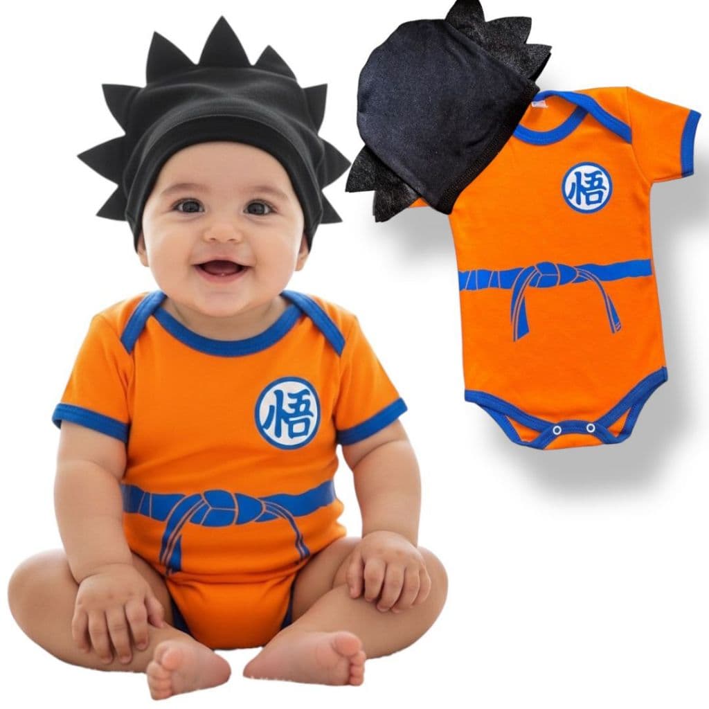 Conjunto Body Bebê Goku + Touca Temática Dragon Ball Mesversário Menino Fantasia Anime